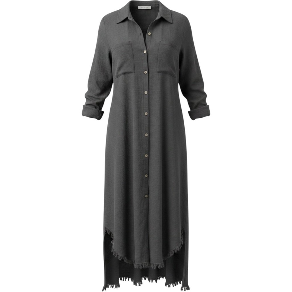Mustard Seed Charcoal Grey Button Down Frayed Hem Shift Dress Medium